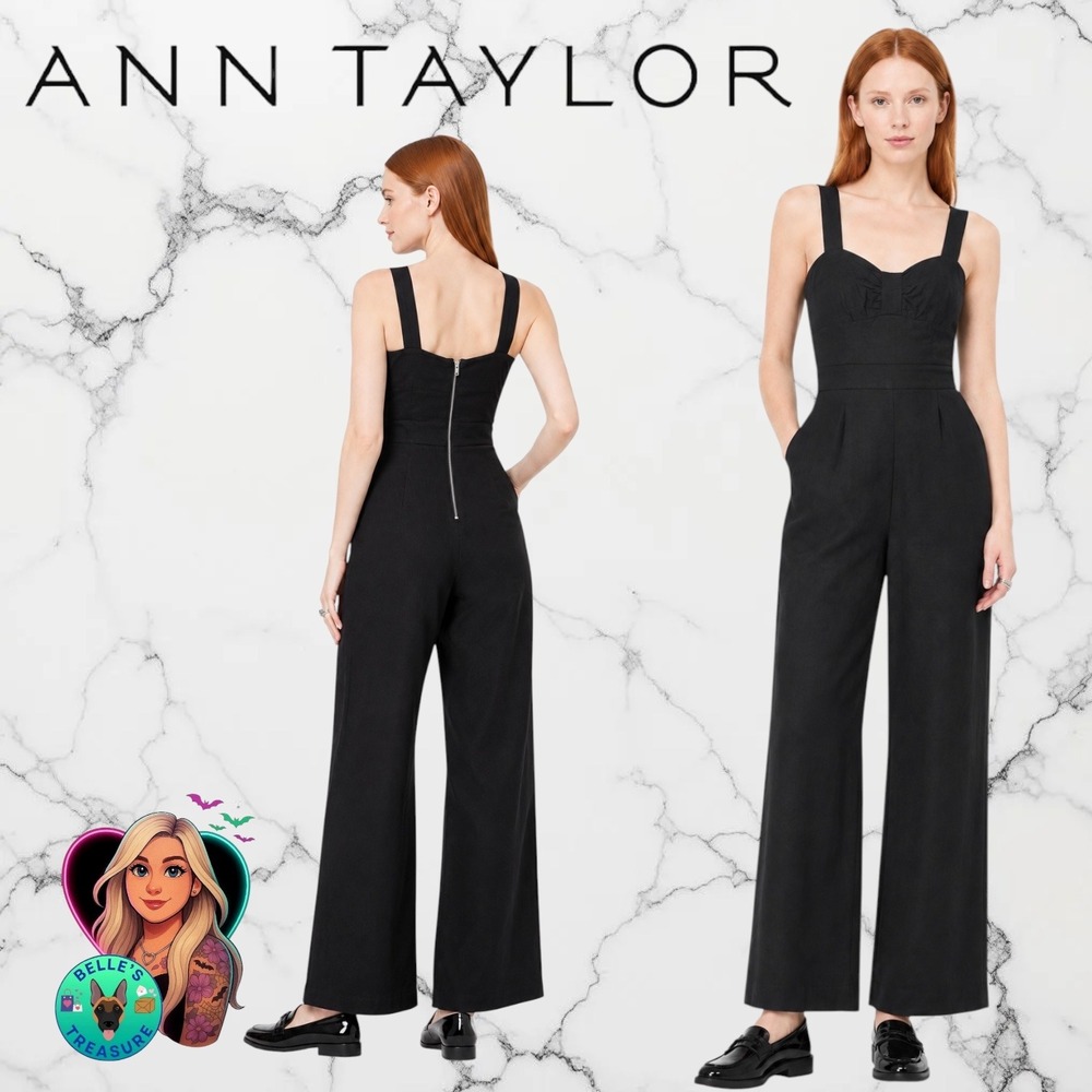 Ann Taylor Womens 2 Black Linen Blend Wide Leg Ankle Jumpsuit Sweetheart Neck